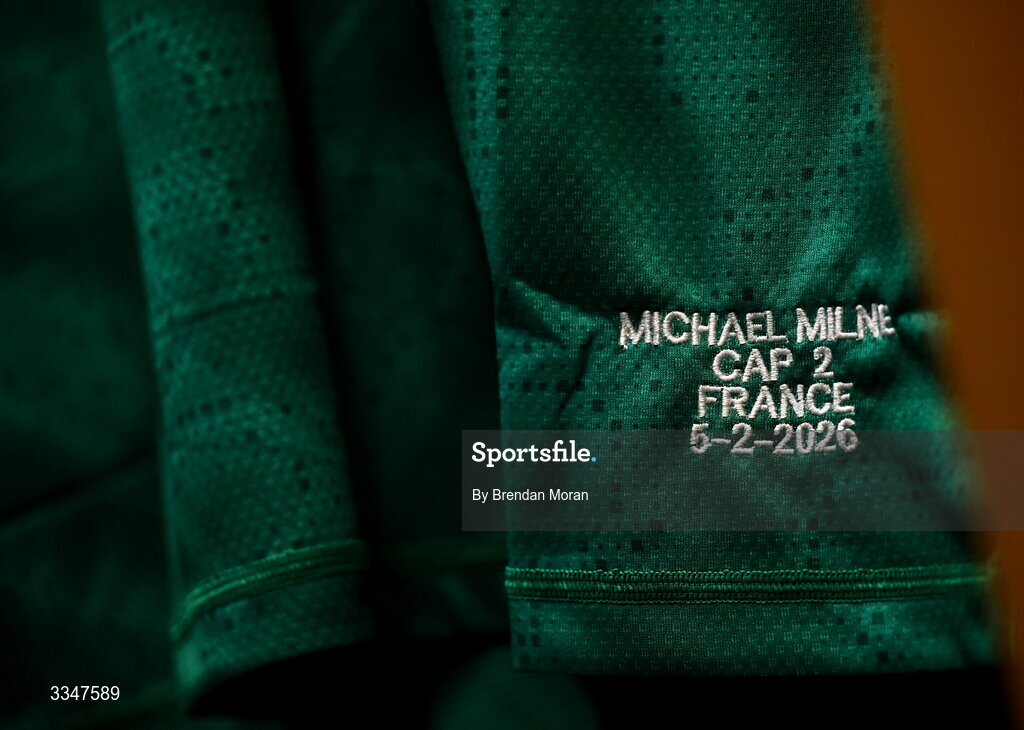 5 February 2026; The jersey of Michael Milne in the Ireland dressing room before the Guinness 6 Nations Rugby Championship match between France and Ireland at Stade de France in Paris, France. Photo by Brendan Moran/Sportsfile