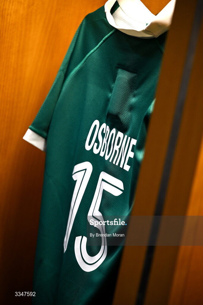 5 February 2026; The jersey of Jamie Osborne in the Ireland dressing room before the Guinness 6 Nations Rugby Championship match between France and Ireland at Stade de France in Paris, France. Photo by Brendan Moran/Sportsfile