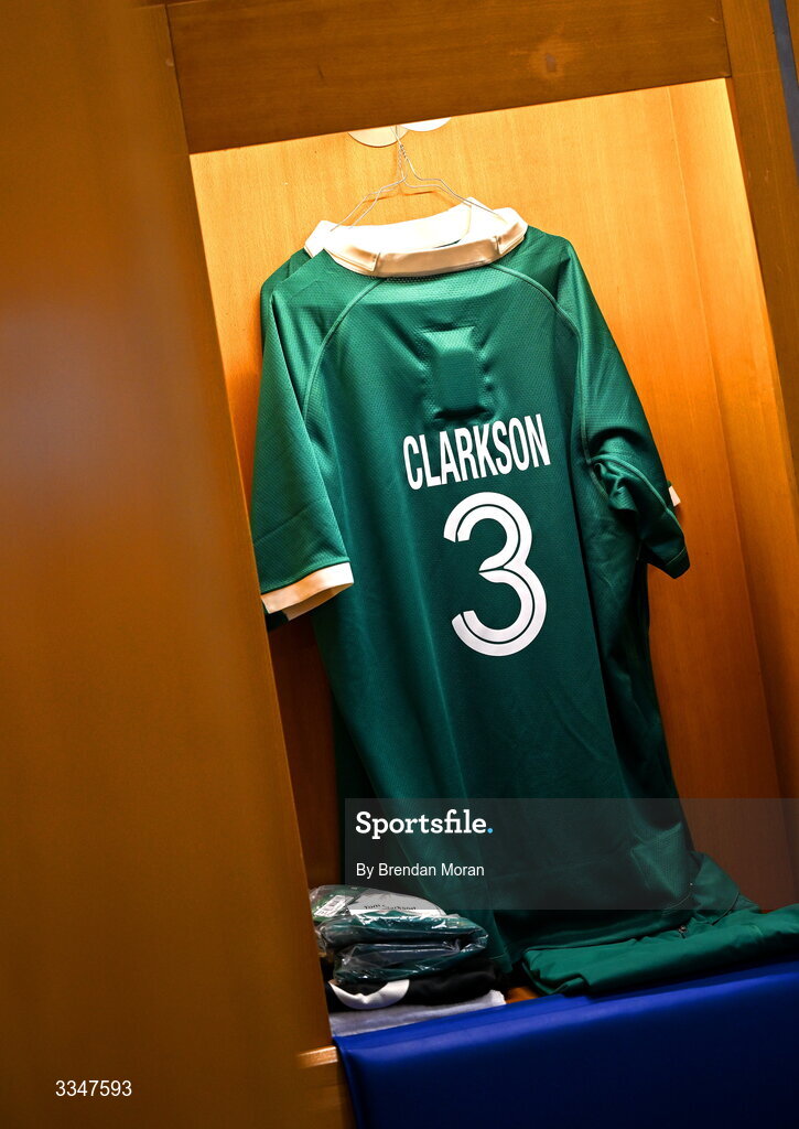 5 February 2026; The jersey of Thomas Clarkson in the Ireland dressing room before the Guinness 6 Nations Rugby Championship match between France and Ireland at Stade de France in Paris, France. Photo by Brendan Moran/Sportsfile
