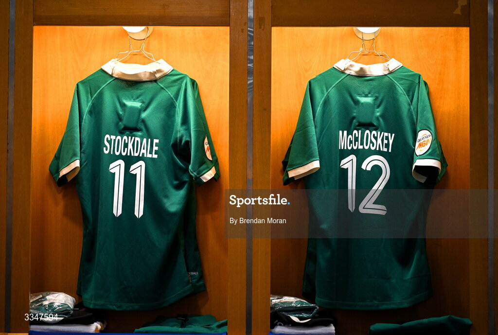 5 February 2026; The jerseys of Jacob Stockdale and Stuart McCloskey in the Ireland dressing room before the Guinness 6 Nations Rugby Championship match between France and Ireland at Stade de France in Paris, France. Photo by Brendan Moran/Sportsfile