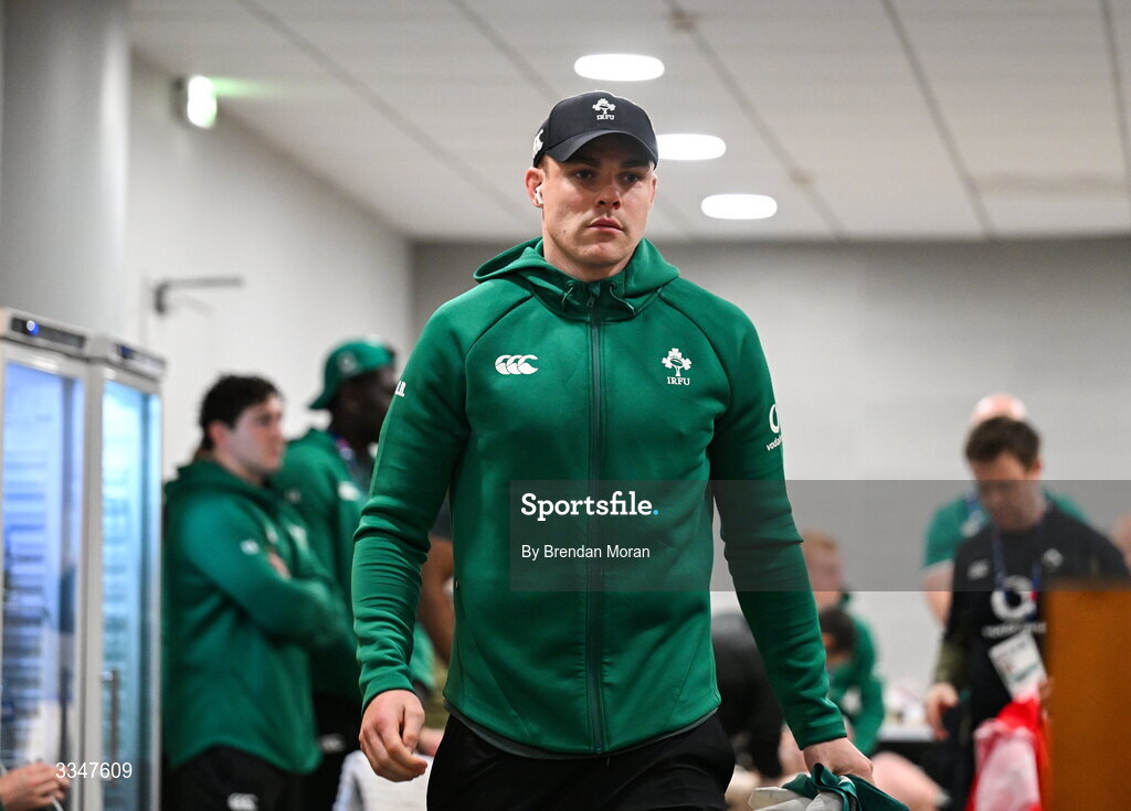 5 February 2026; Garry Ringrose of Ireland arrives before the Guinness 6 Nations Rugby Championship match between France and Ireland at Stade de France in Paris, France. Photo by Brendan Moran/Sportsfile