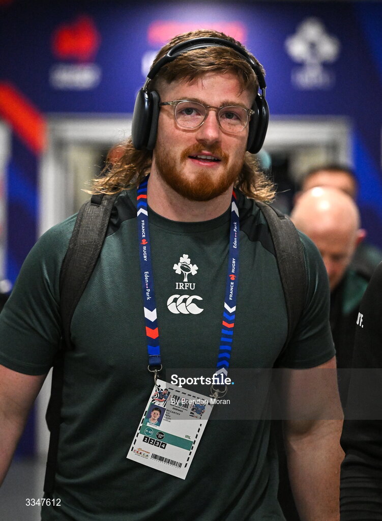5 February 2026; Joe McCarthy of Ireland arrives before the Guinness 6 Nations Rugby Championship match between France and Ireland at Stade de France in Paris, France. Photo by Brendan Moran/Sportsfile