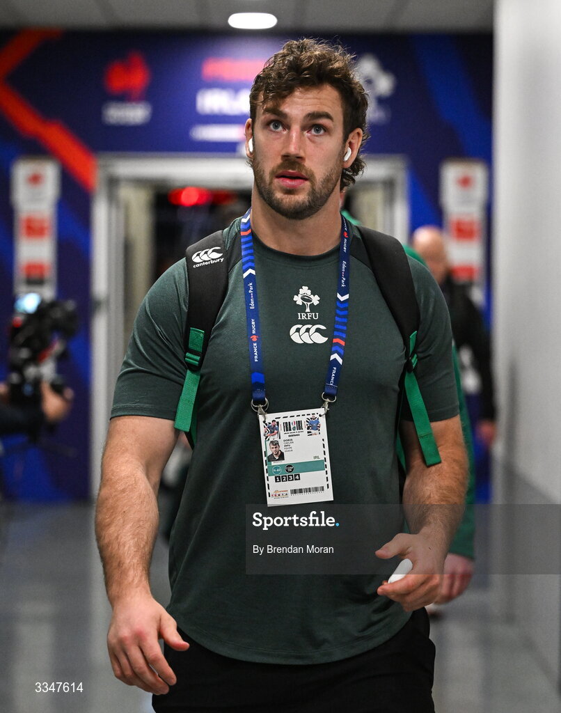 5 February 2026; Caelan Doris of Ireland arrives before the Guinness 6 Nations Rugby Championship match between France and Ireland at Stade de France in Paris, France. Photo by Brendan Moran/Sportsfile