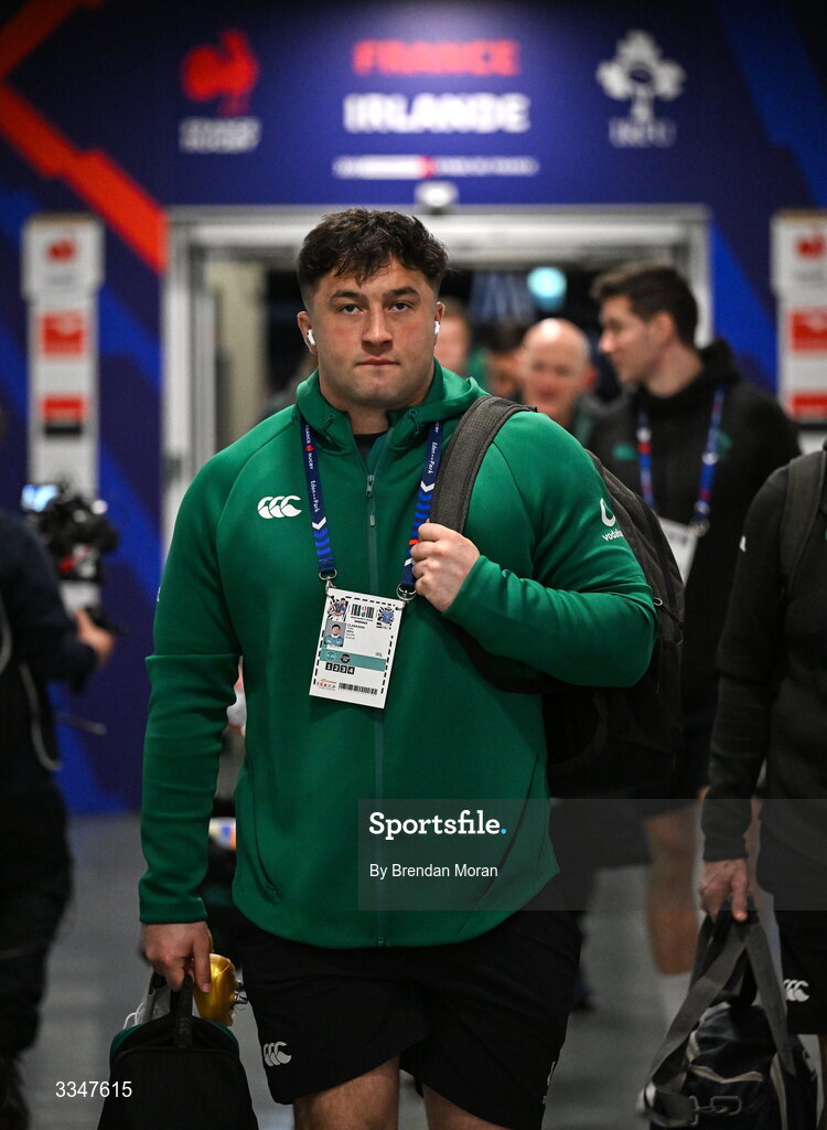 5 February 2026; Thomas Clarkson of Ireland arrives before the Guinness 6 Nations Rugby Championship match between France and Ireland at Stade de France in Paris, France. Photo by Brendan Moran/Sportsfile