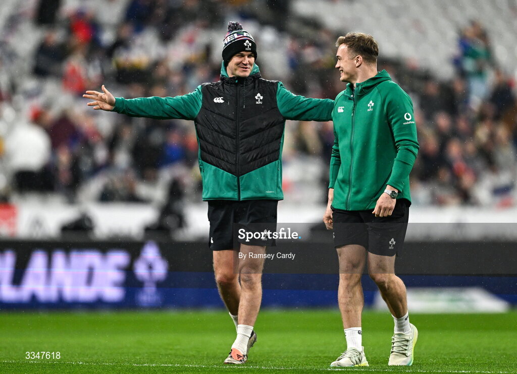 5 February 2026; Ireland assistant coach Jonathan Sexton, left, and Josh van der Flier before the Guinness 6 Nations Rugby Championship match between France and Ireland at Stade de France in Paris, France. Photo by Ramsey Cardy/Sportsfile
