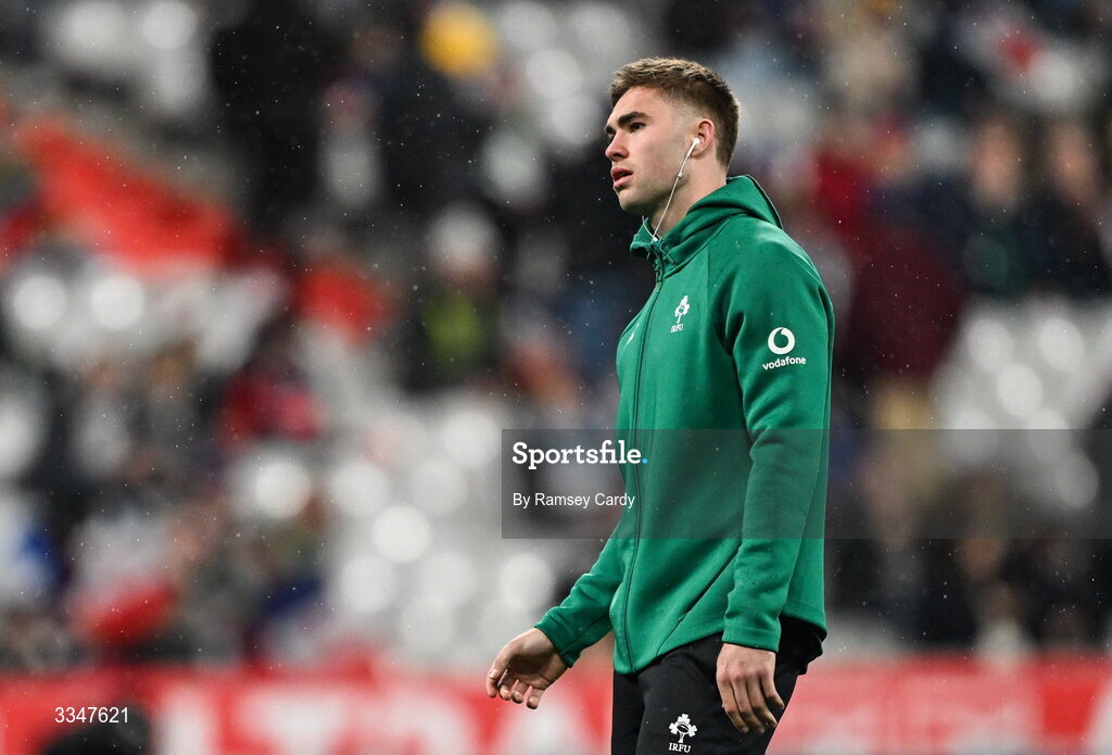 5 February 2026; Jack Crowley of Ireland before the Guinness 6 Nations Rugby Championship match between France and Ireland at Stade de France in Paris, France. Photo by Ramsey Cardy/Sportsfile
