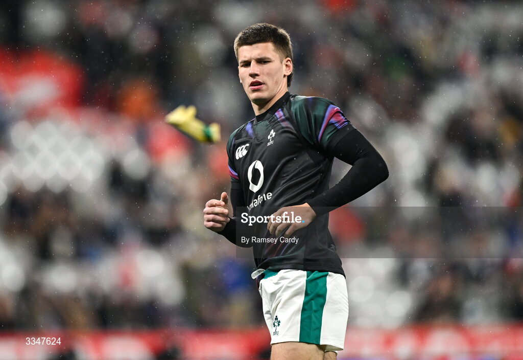 5 February 2026; Sam Prendergast of Ireland before the Guinness 6 Nations Rugby Championship match between France and Ireland at Stade de France in Paris, France. Photo by Ramsey Cardy/Sportsfile