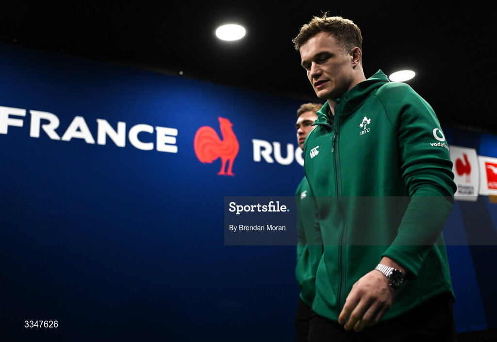 5 February 2026; Josh van der Flier, right, and Jack Crowley of Ireland walk out before the Guinness 6 Nations Rugby Championship match between France and Ireland at Stade de France in Paris, France. Photo by Brendan Moran/Sportsfile