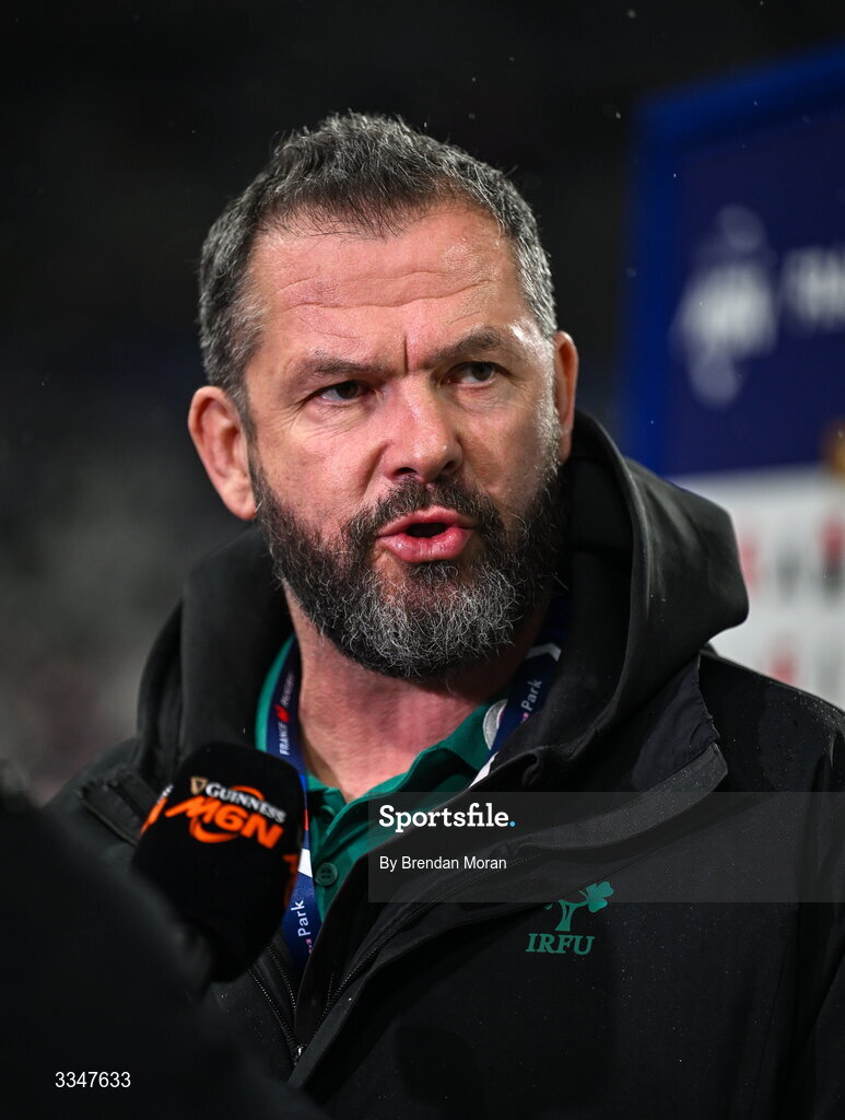 5 February 2026; Ireland head coach Andy Farrell is interviewed before the Guinness 6 Nations Rugby Championship match between France and Ireland at Stade de France in Paris, France. Photo by Brendan Moran/Sportsfile
