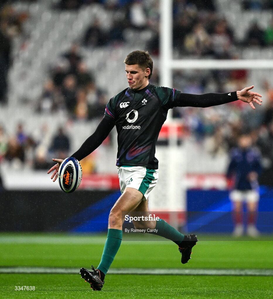 5 February 2026; Sam Prendergast of Ireland before the Guinness 6 Nations Rugby Championship match between France and Ireland at Stade de France in Paris, France. Photo by Ramsey Cardy/Sportsfile