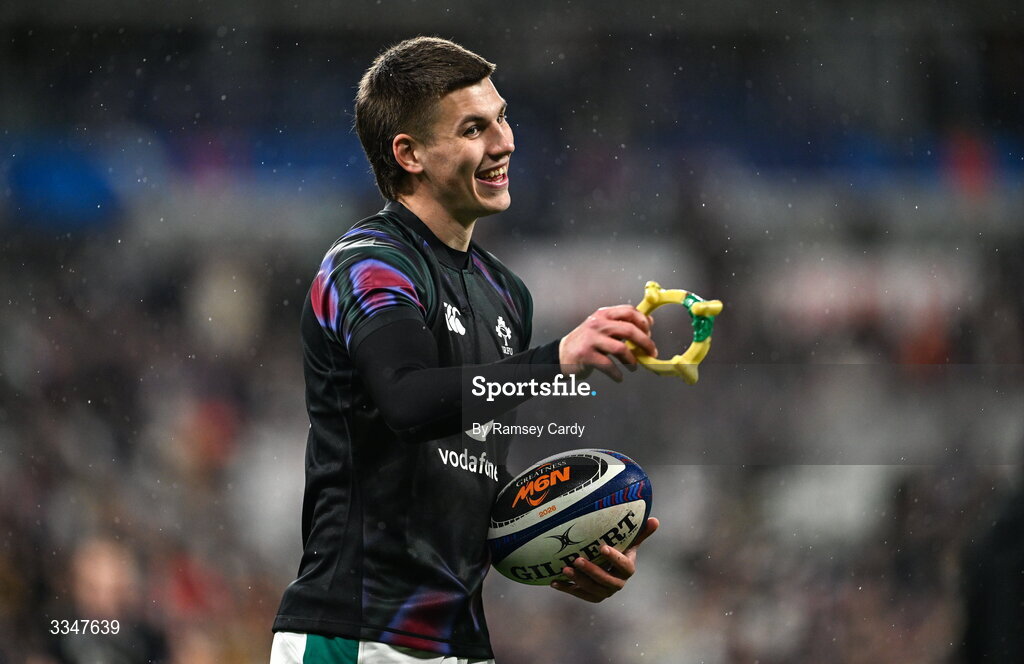5 February 2026; Sam Prendergast of Ireland before the Guinness 6 Nations Rugby Championship match between France and Ireland at Stade de France in Paris, France. Photo by Ramsey Cardy/Sportsfile