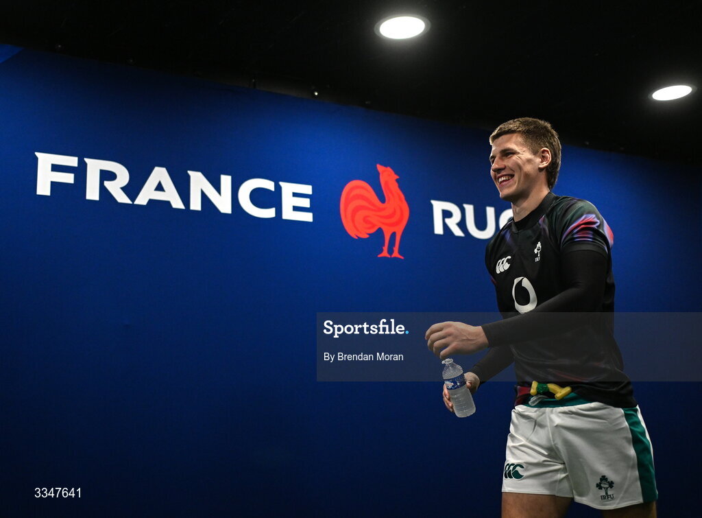 5 February 2026; Sam Prendergast of Ireland walks out before the Guinness 6 Nations Rugby Championship match between France and Ireland at Stade de France in Paris, France. Photo by Brendan Moran/Sportsfile