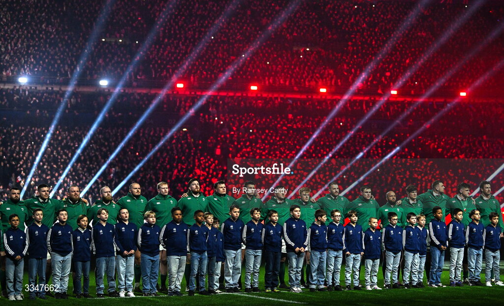 5 February 2026; Ireland players during the playing of Ireland's Call before the Guinness 6 Nations Rugby Championship match between France and Ireland at Stade de France in Paris, France. Photo by Ramsey Cardy/Sportsfile