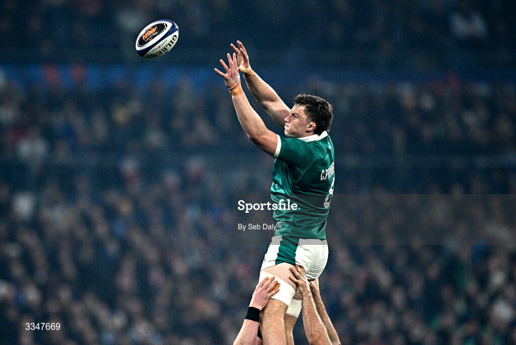 5 February 2026; Cian Prendergast of Ireland wins possession from a lineout during the Guinness 6 Nations Rugby Championship match between France and Ireland at Stade de France in Paris, France. Photo by Seb Daly/Sportsfile