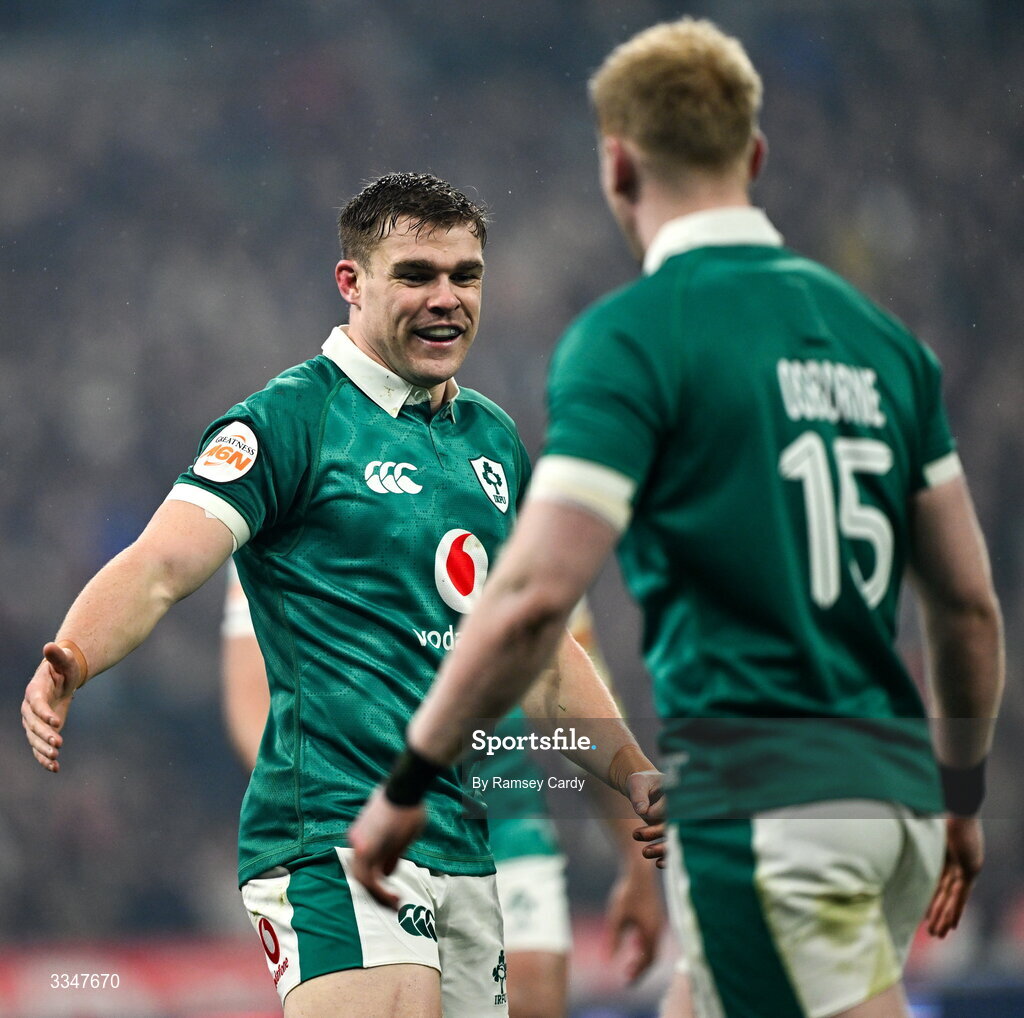 5 February 2026; Garry Ringrose, left, and Jamie Osborne during the Guinness 6 Nations Rugby Championship match between France and Ireland at Stade de France in Paris, France. Photo by Ramsey Cardy/Sportsfile