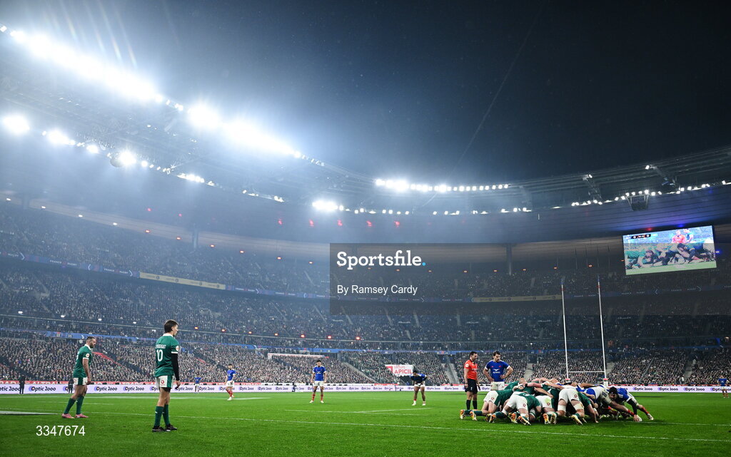 5 February 2026; A general view of a scrum during the Guinness 6 Nations Rugby Championship match between France and Ireland at Stade de France in Paris, France. Photo by Ramsey Cardy/Sportsfile