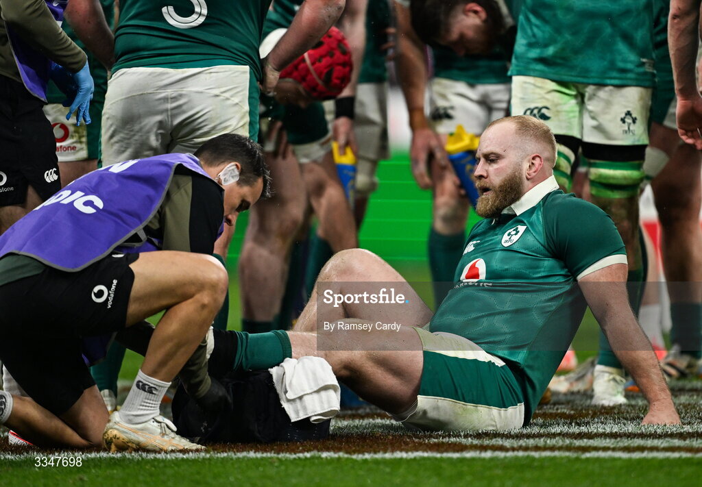 5 February 2026; Jeremy Loughman of Ireland receives treatment during the Guinness 6 Nations Rugby Championship match between France and Ireland at Stade de France in Paris, France. Photo by Ramsey Cardy/Sportsfile
