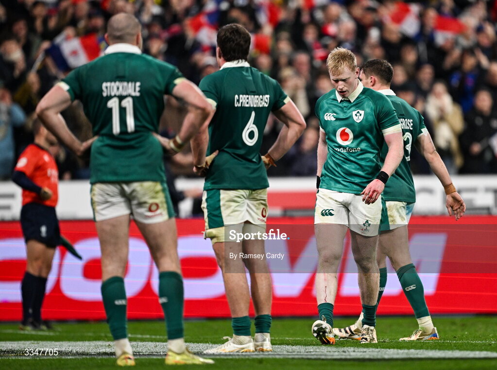 5 February 2026; Jamie Osborne of Ireland, right, and team mates after conceding a third try during the Guinness 6 Nations Rugby Championship match between France and Ireland at Stade de France in Paris, France. Photo by Ramsey Cardy/Sportsfile