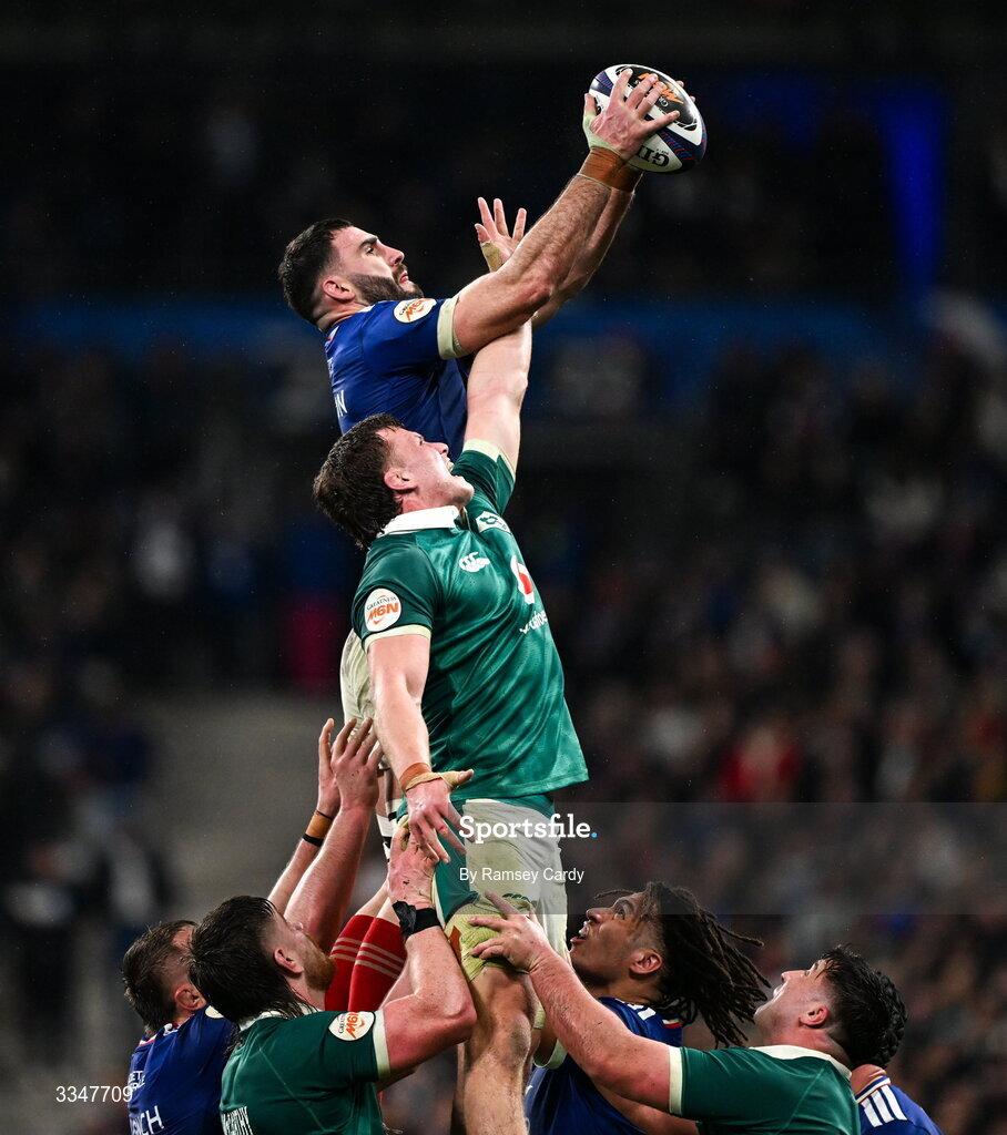5 February 2026; Charles Ollivon of France in action against Cian Prendergast of Ireland during the Guinness 6 Nations Rugby Championship match between France and Ireland at Stade de France in Paris, France. Photo by Ramsey Cardy/Sportsfile