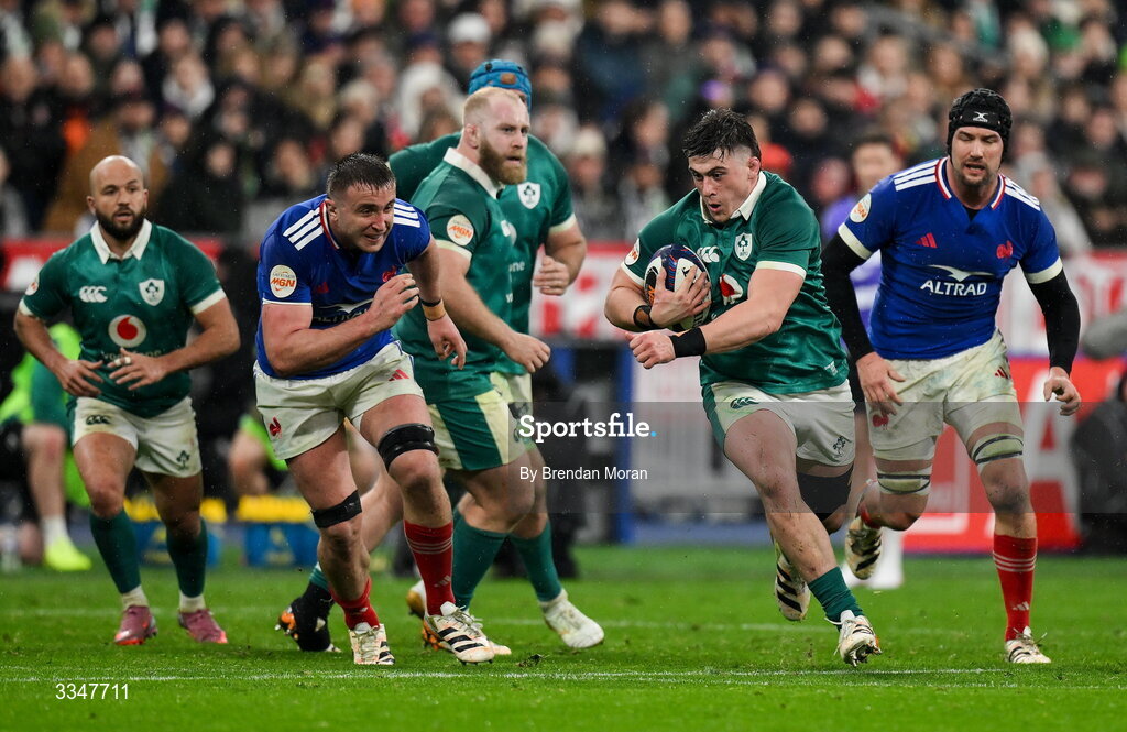 5 February 2026; Dan Sheehan of Ireland makes a break during the Guinness 6 Nations Rugby Championship match between France and Ireland at Stade de France in Paris, France. Photo by Brendan Moran/Sportsfile