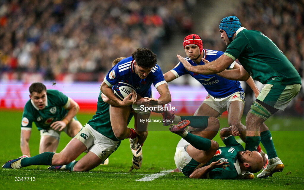 5 February 2026; Nicolas Depoortère of France is tackled by Tommy O'Brien of Ireland during the Guinness 6 Nations Rugby Championship match between France and Ireland at Stade de France in Paris, France. Photo by Ramsey Cardy/Sportsfile