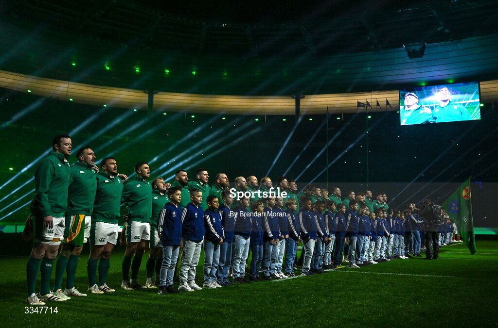 5 February 2026; Ireland players during the playing of Ireland's Call before the Guinness 6 Nations Rugby Championship match between France and Ireland at Stade de France in Paris, France. Photo by Brendan Moran/Sportsfile