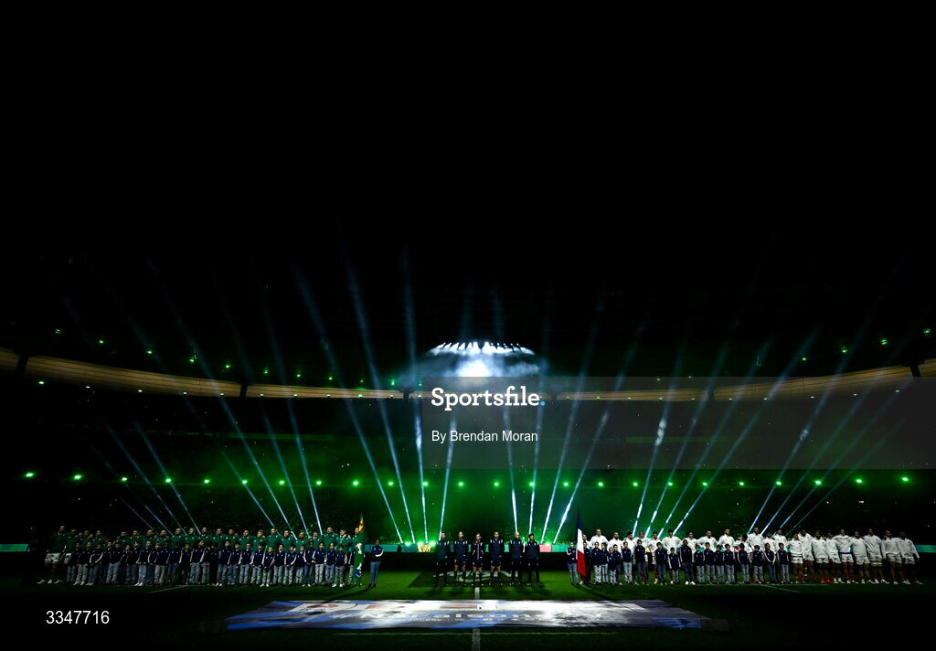 5 February 2026; Both teams during the anthems before the Guinness 6 Nations Rugby Championship match between France and Ireland at Stade de France in Paris, France. Photo by Brendan Moran/Sportsfile