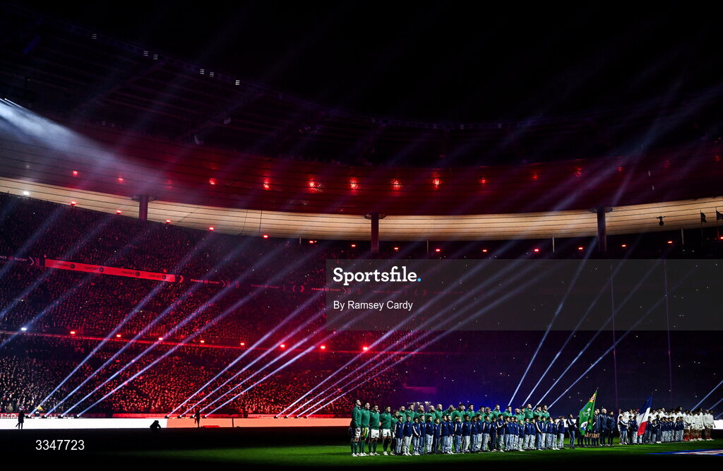 5 February 2026; Players from both sides during the national anthems before the Guinness 6 Nations Rugby Championship match between France and Ireland at Stade de France in Paris, France. Photo by Ramsey Cardy/Sportsfile