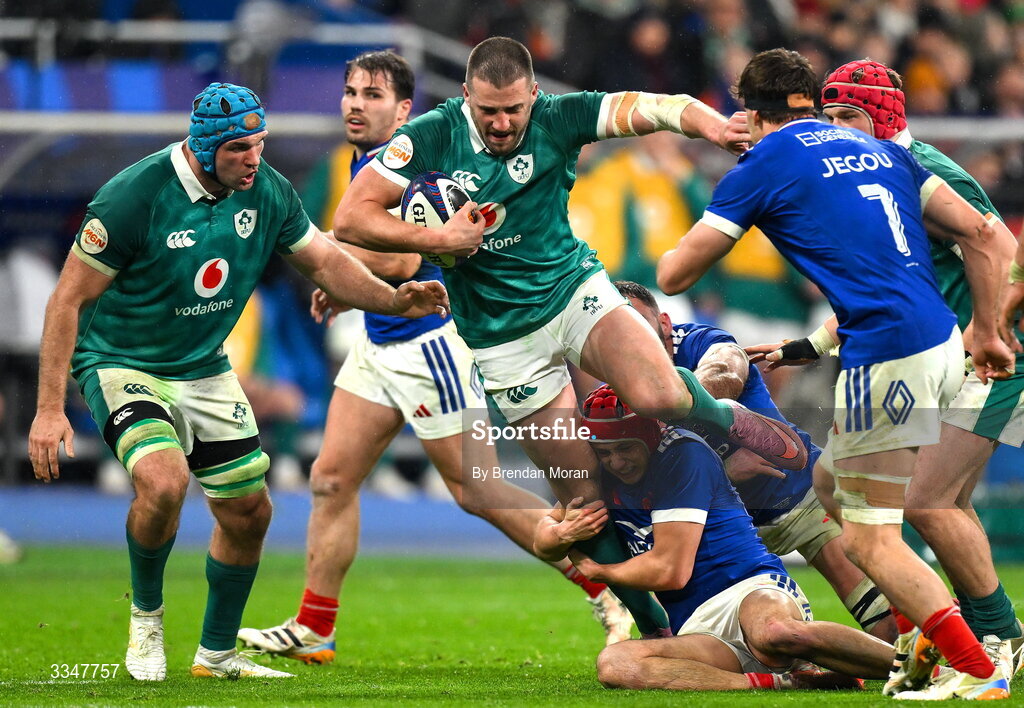 5 February 2026; Stuart McCloskey of Ireland is tackled by Louis Bielle-Biarrey of France during the Guinness 6 Nations Rugby Championship match between France and Ireland at Stade de France in Paris, France. Photo by Brendan Moran/Sportsfile