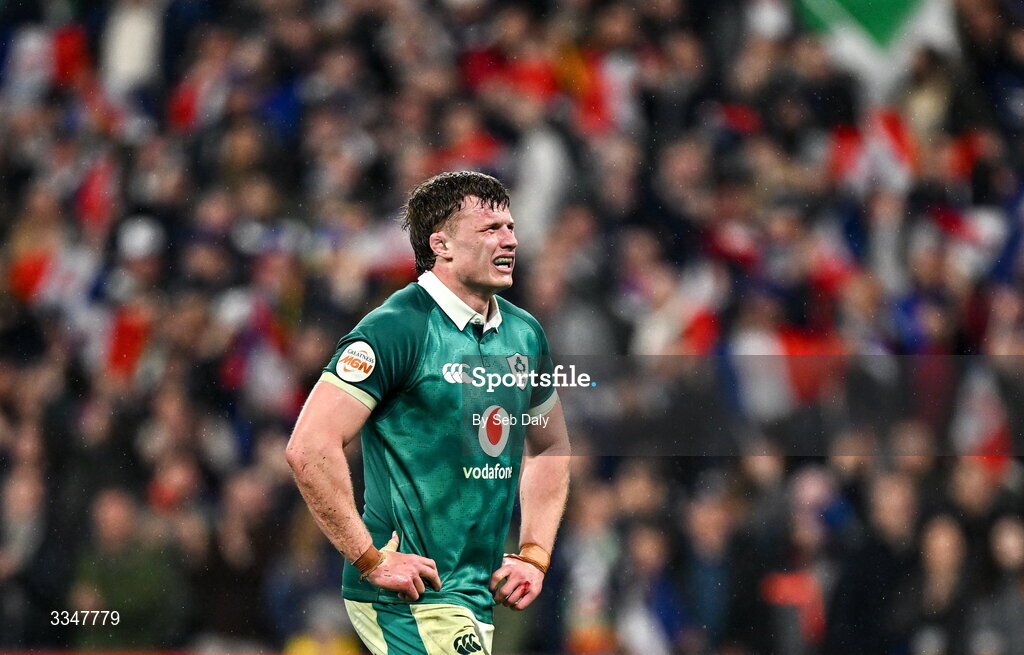 5 February 2026; Cian Prendergast of Ireland reacts after his side conceded a fourth try during the Guinness 6 Nations Rugby Championship match between France and Ireland at Stade de France in Paris, France. Photo by Seb Daly/Sportsfile