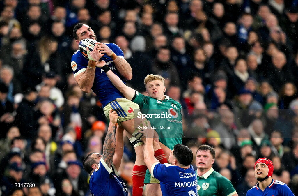 5 February 2026; Charles Ollivon of France in action against Tommy O'Brien of Ireland during the Guinness 6 Nations Rugby Championship match between France and Ireland at Stade de France in Paris, France. Photo by Brendan Moran/Sportsfile