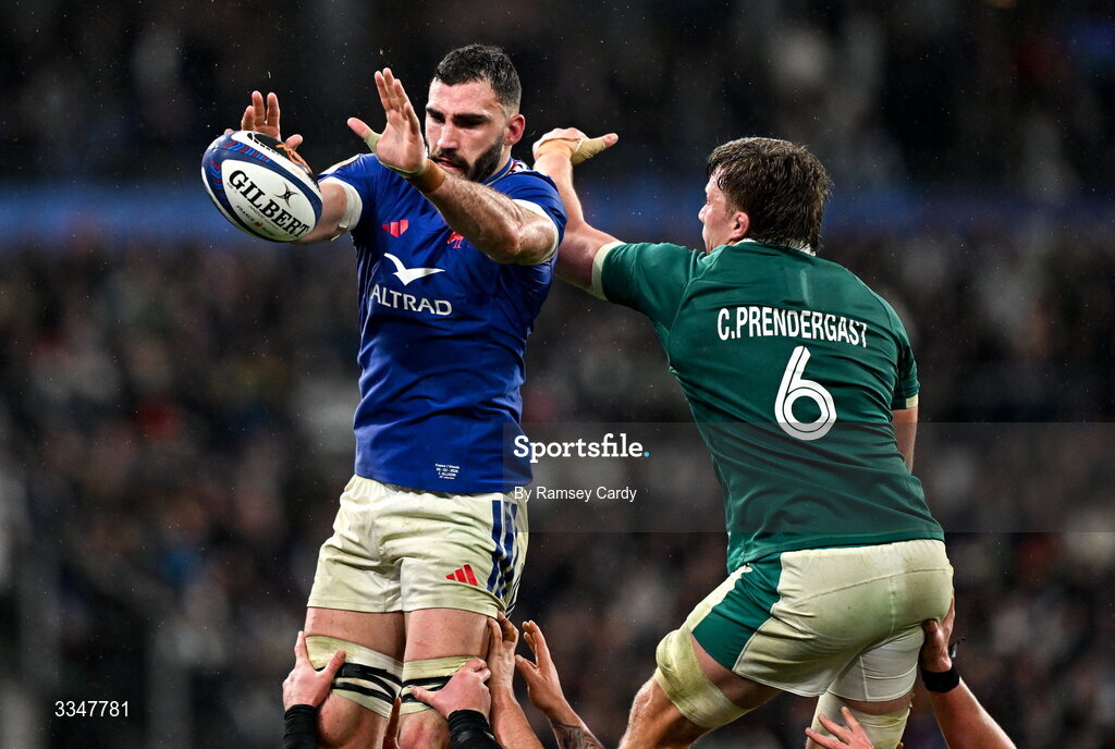 5 February 2026; Charles Ollivon of France in action against Cian Prendergast of Ireland during the Guinness 6 Nations Rugby Championship match between France and Ireland at Stade de France in Paris, France. Photo by Ramsey Cardy/Sportsfile