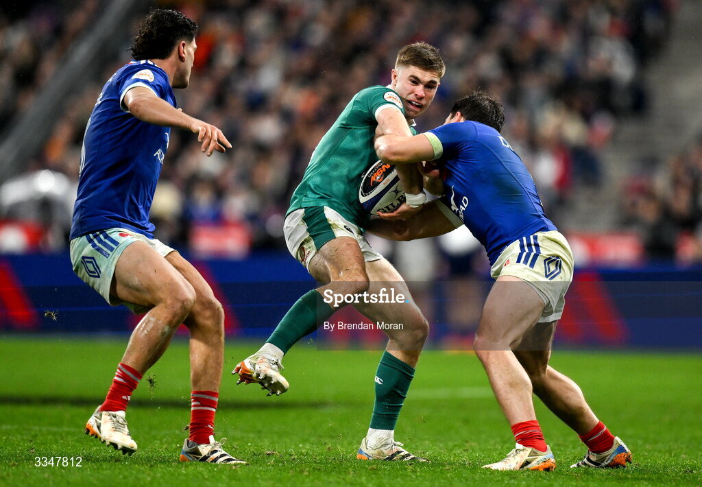 5 February 2026; Jack Crowley of Ireland is tackled by Antoine Dupont of France during the Guinness 6 Nations Rugby Championship match between France and Ireland at Stade de France in Paris, France. Photo by Brendan Moran/Sportsfile