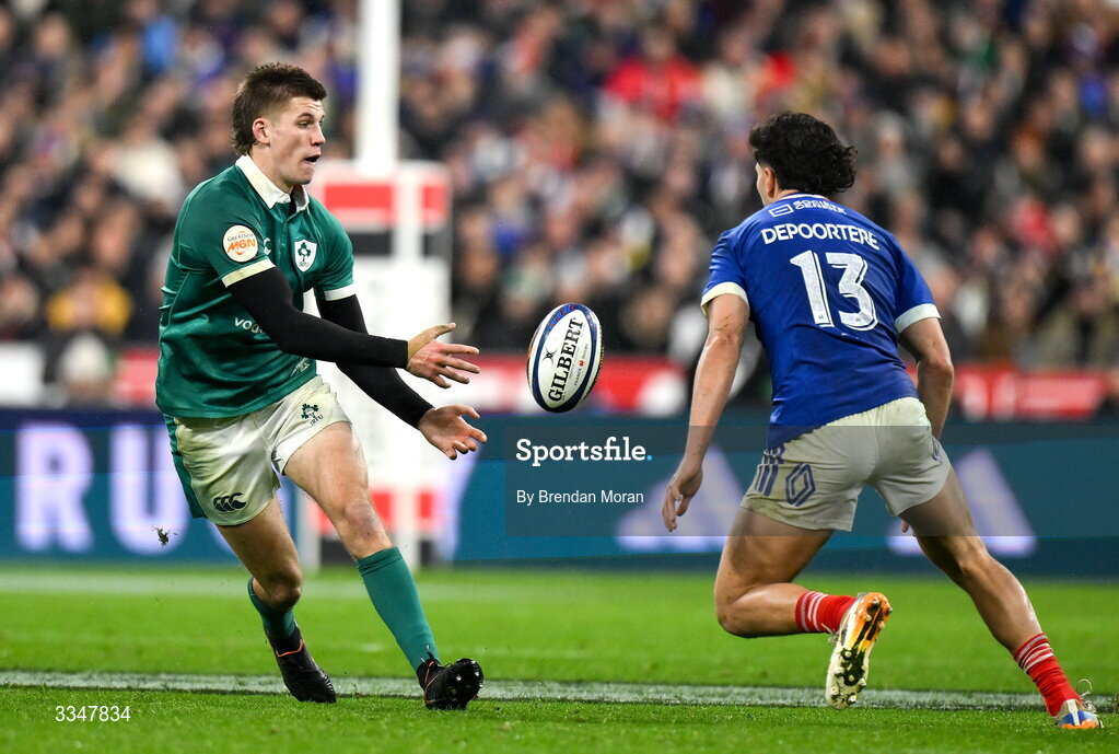 5 February 2026; Sam Prendergast of Ireland in action against Nicolas Depoortère of France during the Guinness 6 Nations Rugby Championship match between France and Ireland at Stade de France in Paris, France. Photo by Brendan Moran/Sportsfile