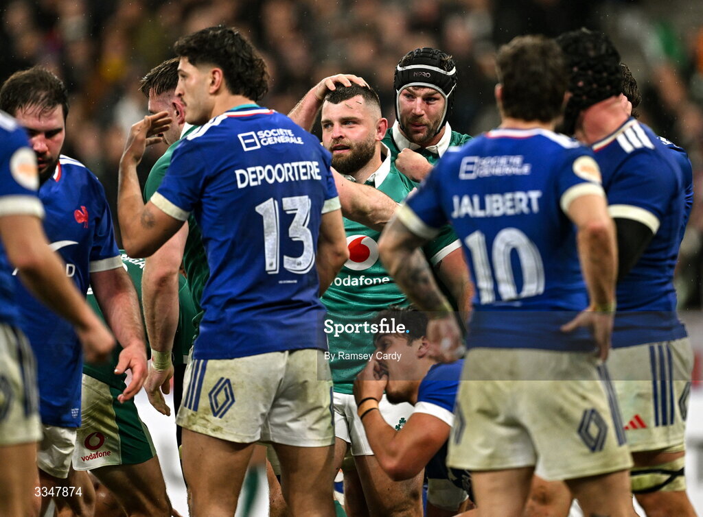 5 February 2026; Michael Milne of Ireland is congratulated by team mate Caelan Doris after scoring their side's second try during the Guinness 6 Nations Rugby Championship match between France and Ireland at Stade de France in Paris, France. Photo by Ramsey Cardy/Sportsfile