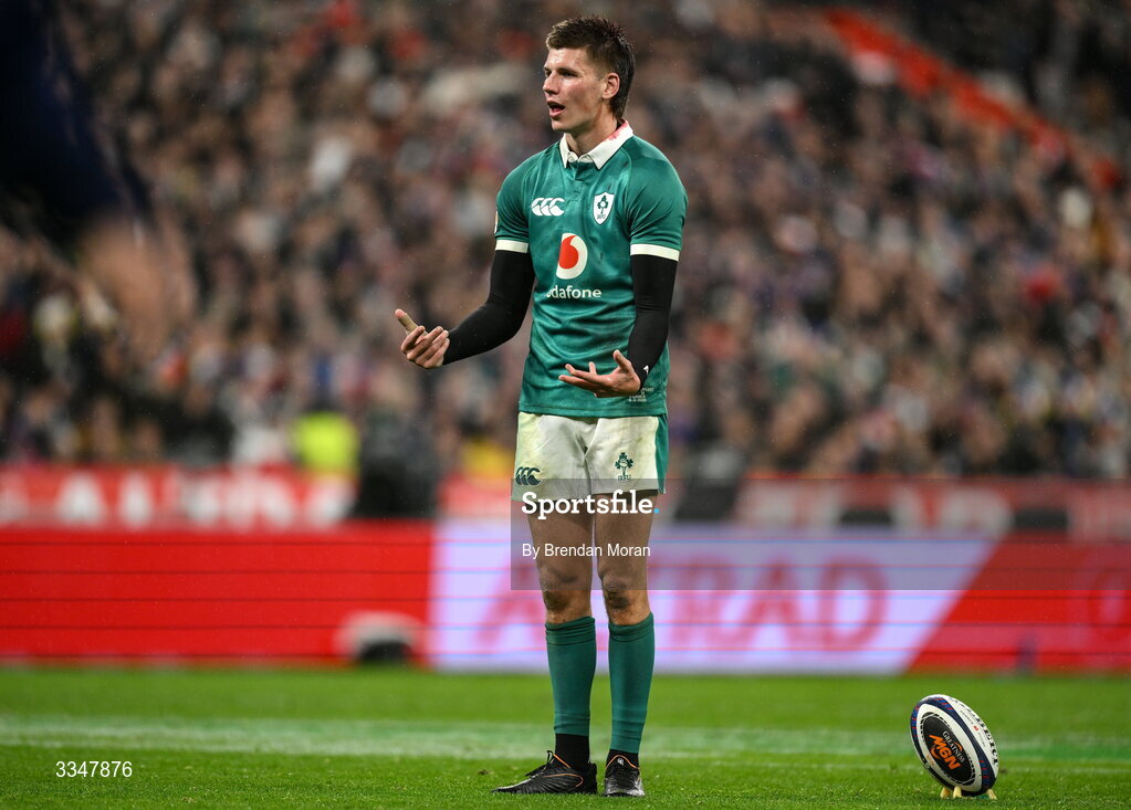 5 February 2026; Sam Prendergast of Ireland reacts during the Guinness 6 Nations Rugby Championship match between France and Ireland at Stade de France in Paris, France. Photo by Brendan Moran/Sportsfile