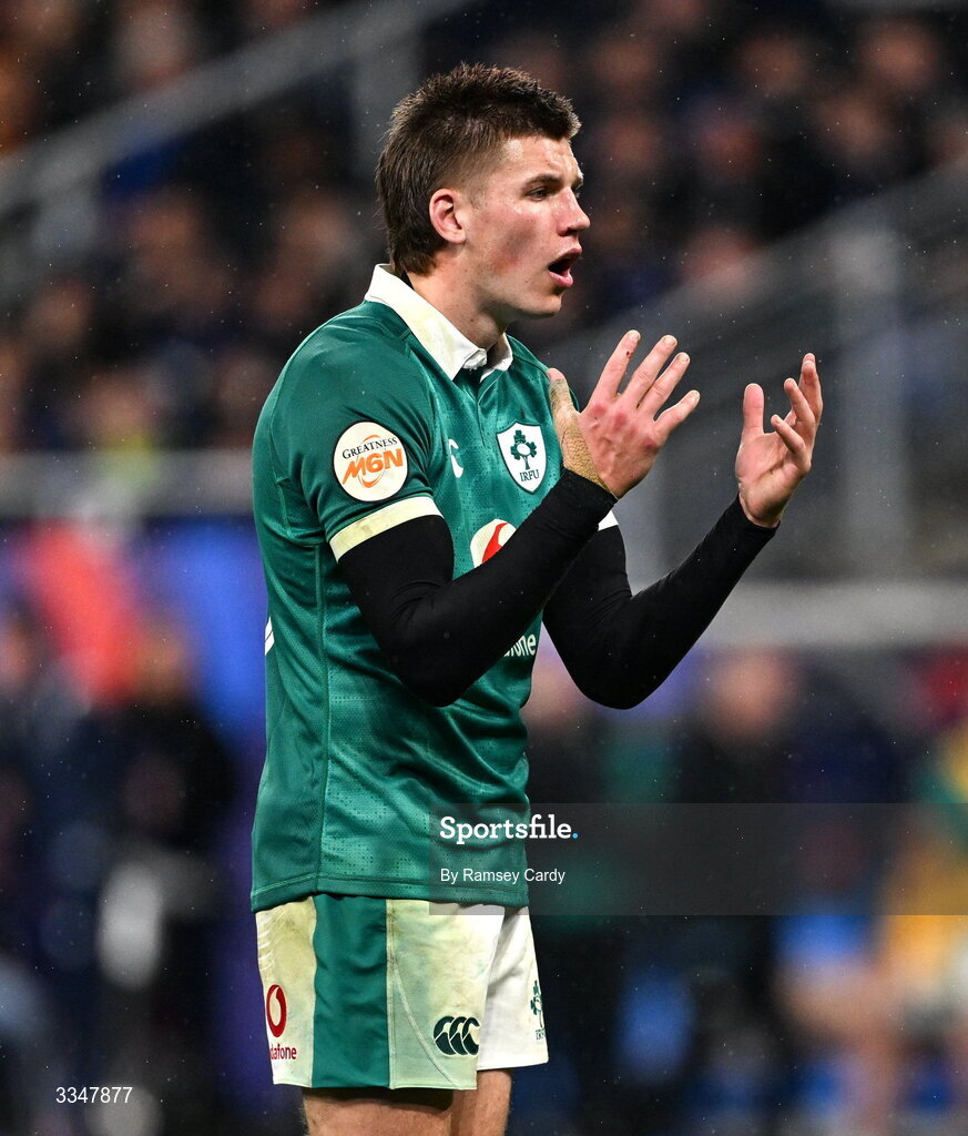 5 February 2026; Sam Prendergast of Ireland reacts during the Guinness 6 Nations Rugby Championship match between France and Ireland at Stade de France in Paris, France. Photo by Ramsey Cardy/Sportsfile