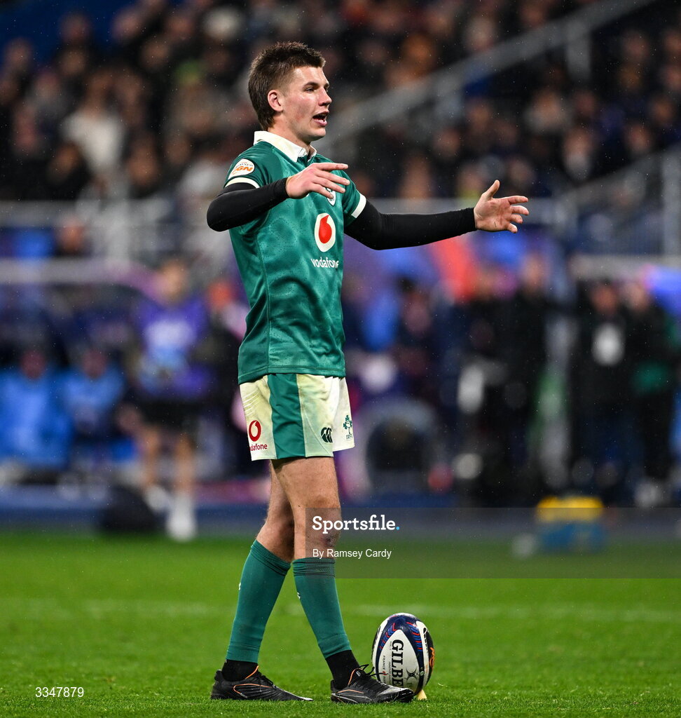 5 February 2026; Sam Prendergast of Ireland reacts during the Guinness 6 Nations Rugby Championship match between France and Ireland at Stade de France in Paris, France. Photo by Ramsey Cardy/Sportsfile