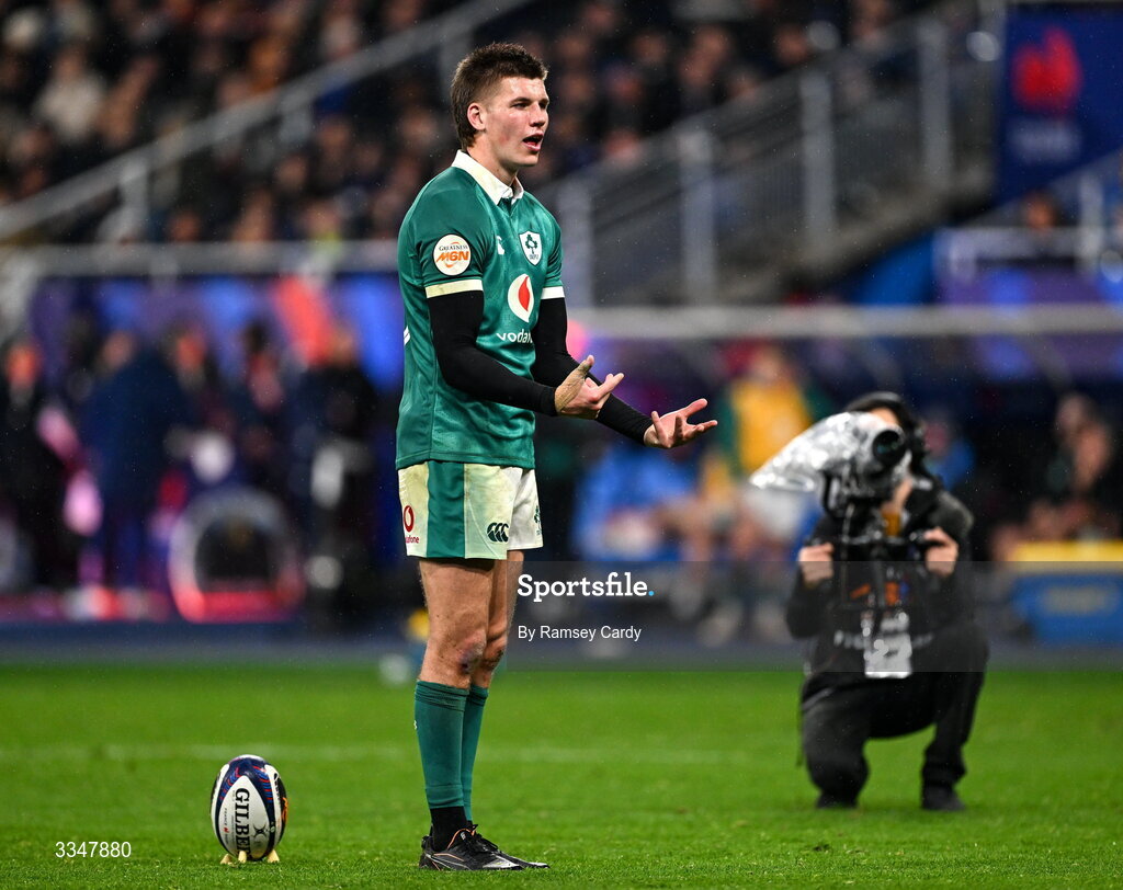 5 February 2026; Sam Prendergast of Ireland reacts during the Guinness 6 Nations Rugby Championship match between France and Ireland at Stade de France in Paris, France. Photo by Ramsey Cardy/Sportsfile