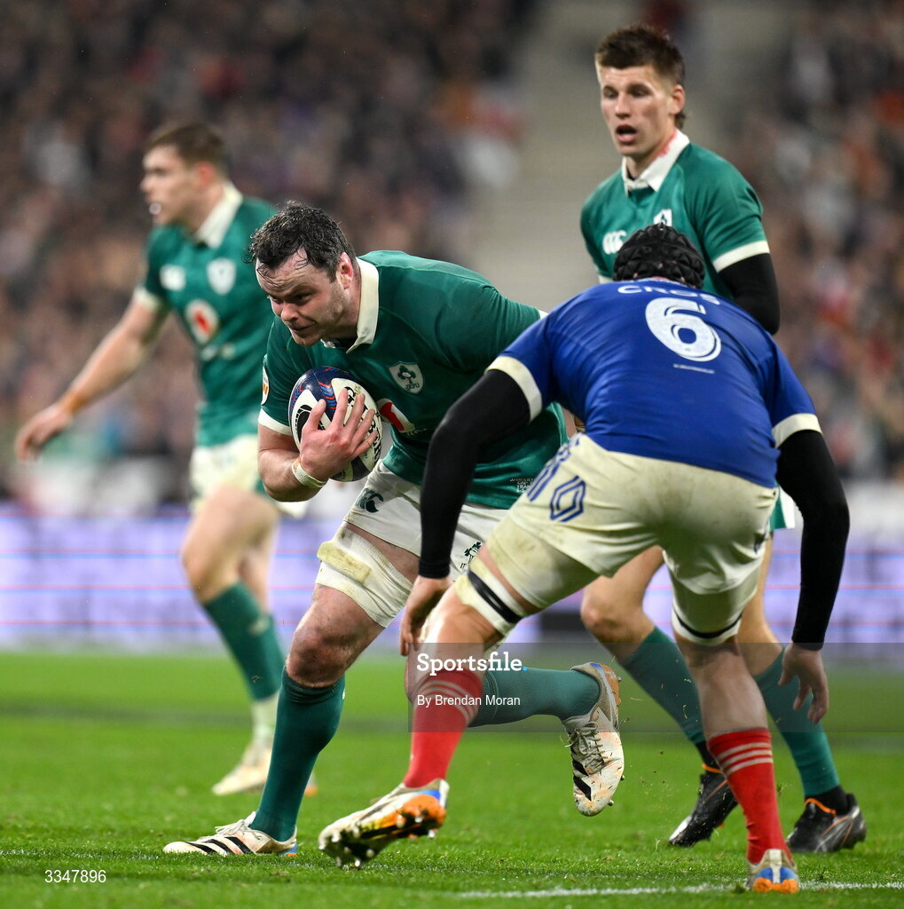 5 February 2026; James Ryan of Ireland in action against François Cros of France during the Guinness 6 Nations Rugby Championship match between France and Ireland at Stade de France in Paris, France. Photo by Brendan Moran/Sportsfile