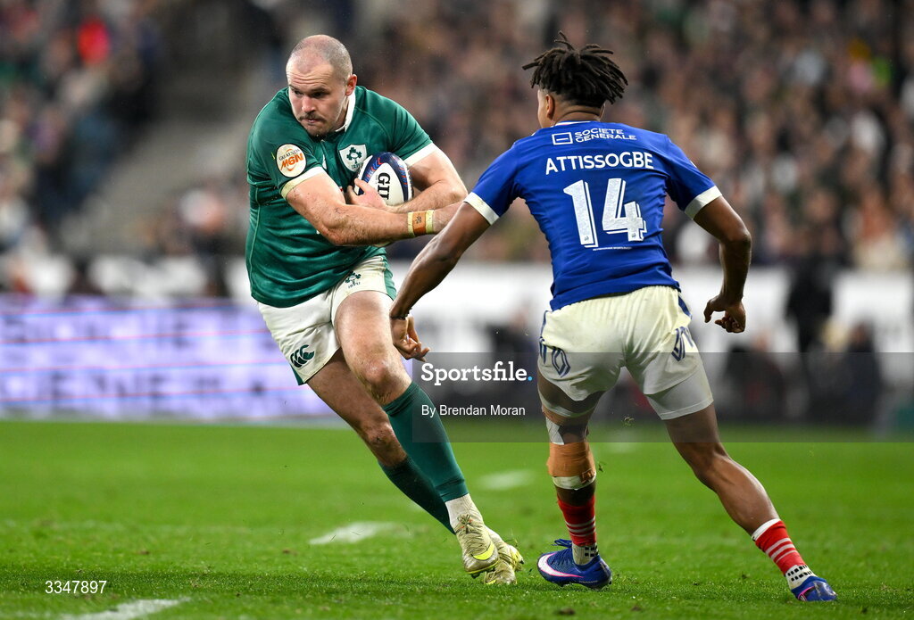 5 February 2026; Jacob Stockdale of Ireland in action against Théo Attissogbe of France during the Guinness 6 Nations Rugby Championship match between France and Ireland at Stade de France in Paris, France. Photo by Brendan Moran/Sportsfile