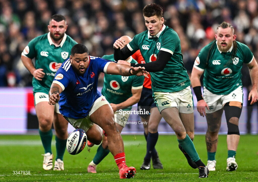 5 February 2026; Rodrigue Neti of France in action against Sam Prendergast of Ireland during the Guinness 6 Nations Rugby Championship match between France and Ireland at Stade de France in Paris, France. Photo by Ramsey Cardy/Sportsfile