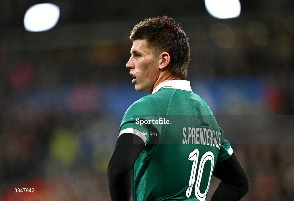 5 February 2026; Sam Prendergast of Ireland during the Guinness 6 Nations Rugby Championship match between France and Ireland at Stade de France in Paris, France. Photo by Seb Daly/Sportsfile