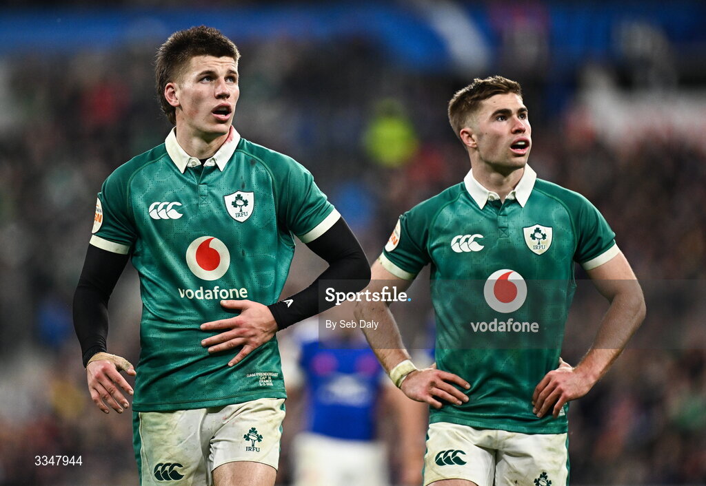 5 February 2026; Sam Prendergast of Ireland, left, and Jack Crowley during the Guinness 6 Nations Rugby Championship match between France and Ireland at Stade de France in Paris, France. Photo by Seb Daly/Sportsfile