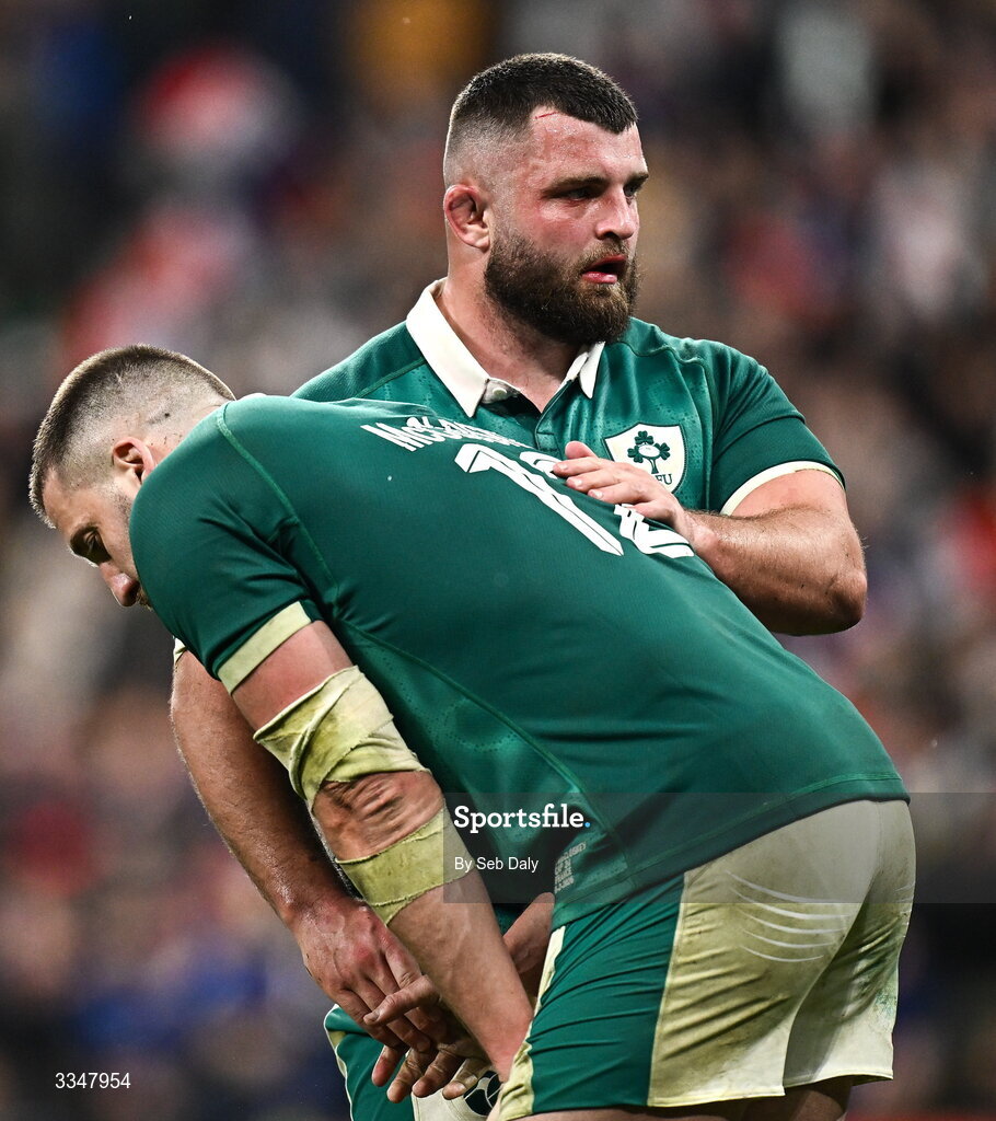 5 February 2026; Michael Milne, right, and Stuart McCloskey of Ireland after the Guinness 6 Nations Rugby Championship match between France and Ireland at Stade de France in Paris, France. Photo by Seb Daly/Sportsfile