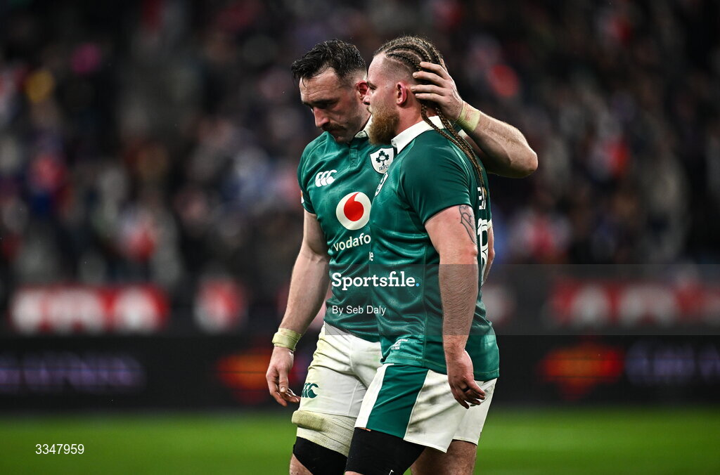 5 February 2026; Finlay Bealham, right, and Jack Conan of Ireland after the Guinness 6 Nations Rugby Championship match between France and Ireland at Stade de France in Paris, France. Photo by Seb Daly/Sportsfile