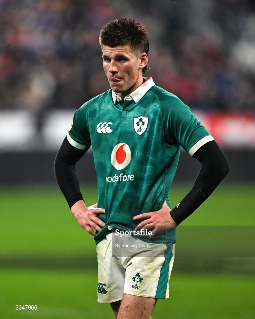 5 February 2026; Sam Prendergast of Ireland after the Guinness 6 Nations Rugby Championship match between France and Ireland at Stade de France in Paris, France. Photo by Ramsey Cardy/Sportsfile