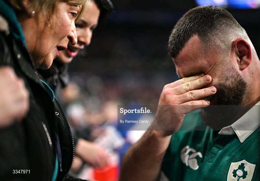 5 February 2026; An emotional Michael Milne of Ireland with his mother Pauline after the Guinness 6 Nations Rugby Championship match between France and Ireland at Stade de France in Paris, France. Photo by Ramsey Cardy/Sportsfile