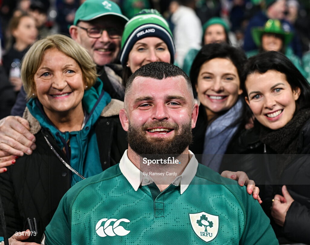 5 February 2026; Michael Milne of Ireland with family after the Guinness 6 Nations Rugby Championship match between France and Ireland at Stade de France in Paris, France. Photo by Ramsey Cardy/Sportsfile