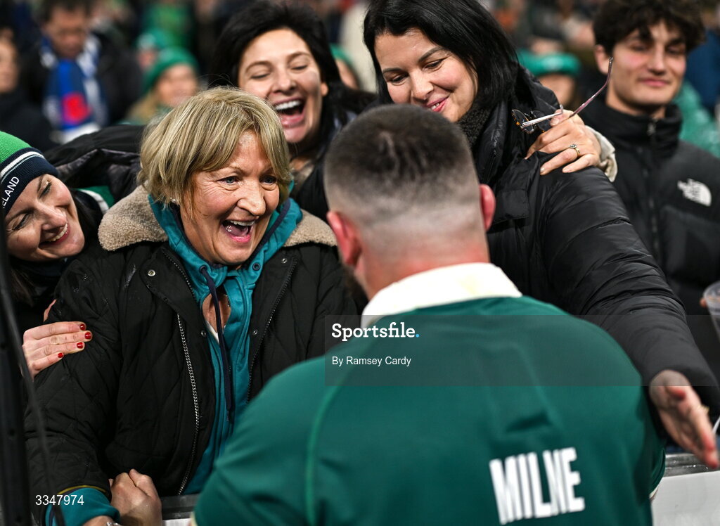 5 February 2026; Michael Milne of Ireland with family after the Guinness 6 Nations Rugby Championship match between France and Ireland at Stade de France in Paris, France. Photo by Ramsey Cardy/Sportsfile